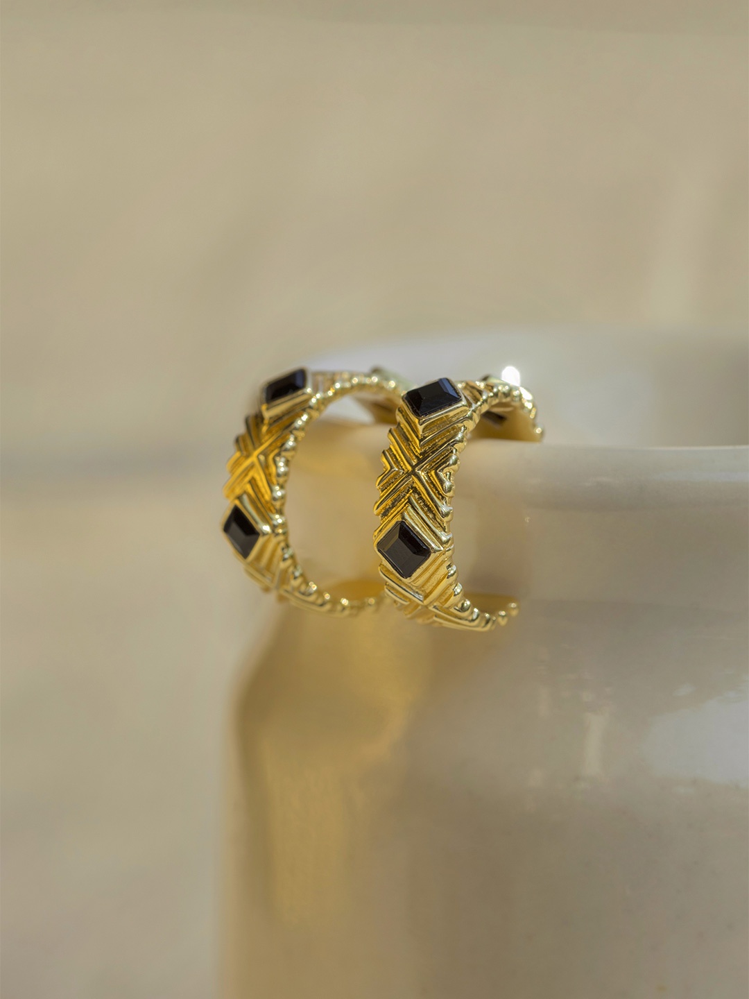 

Perfectly Average Women 18K Gold Plated Black Studded Textured Hoops