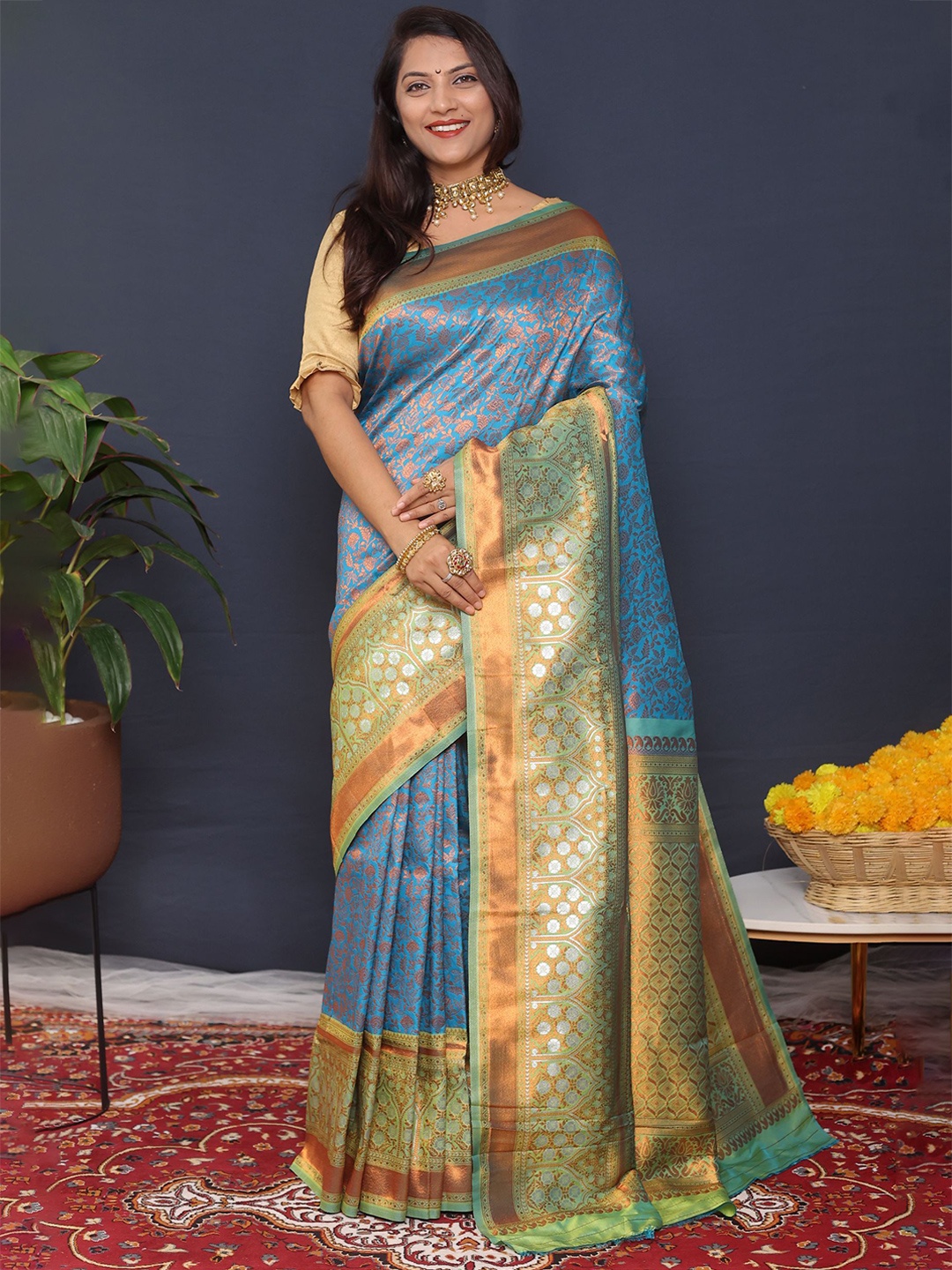 

Royal Rajgharana Saree Ethnic Motifs Zari Pure Silk Banarasi Sarees, Blue