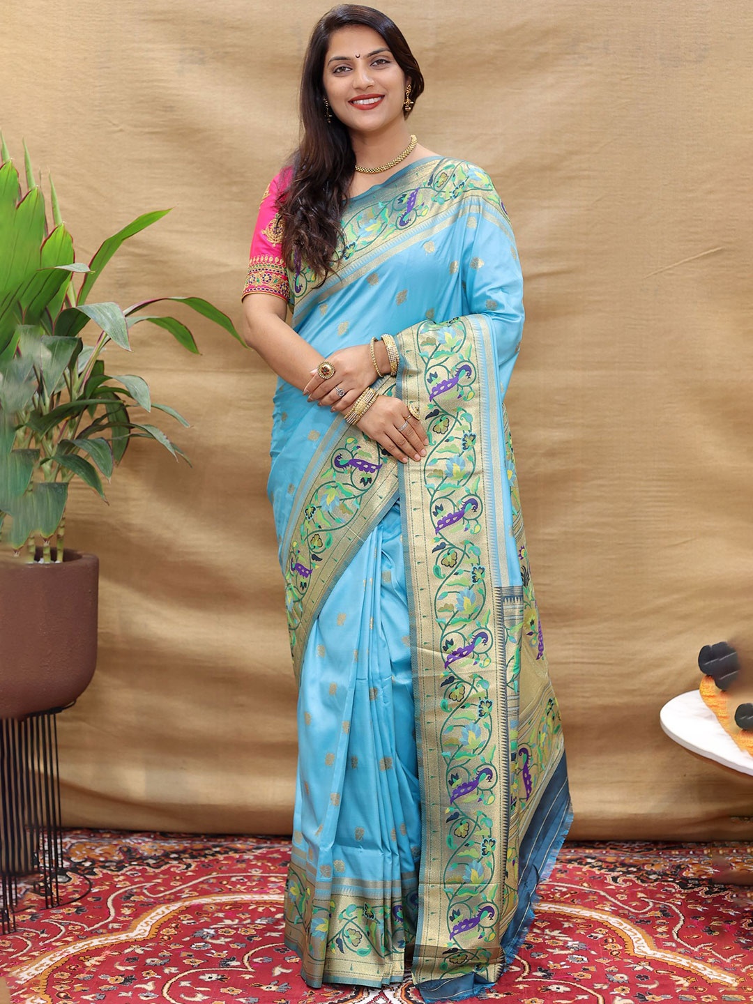 

Royal Rajgharana Saree Woven Design Zari Pure Silk Paithani Sarees, Blue
