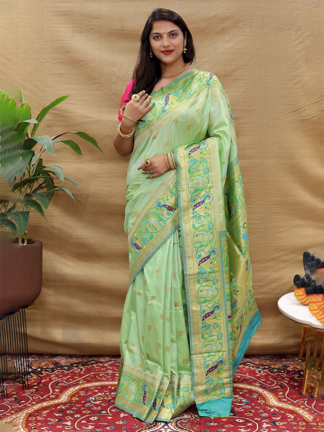 

Royal Rajgharana Saree Woven Design Zari Pure Silk Paithani Sarees, Sea green