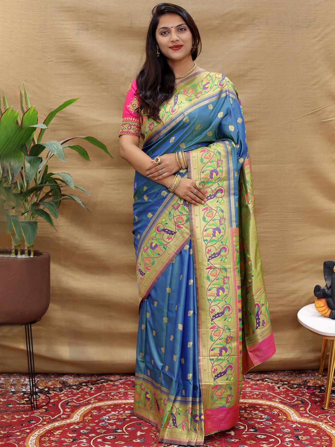 

Royal Rajgharana Saree Woven Design Zari Pure Silk Paithani Sarees, Blue