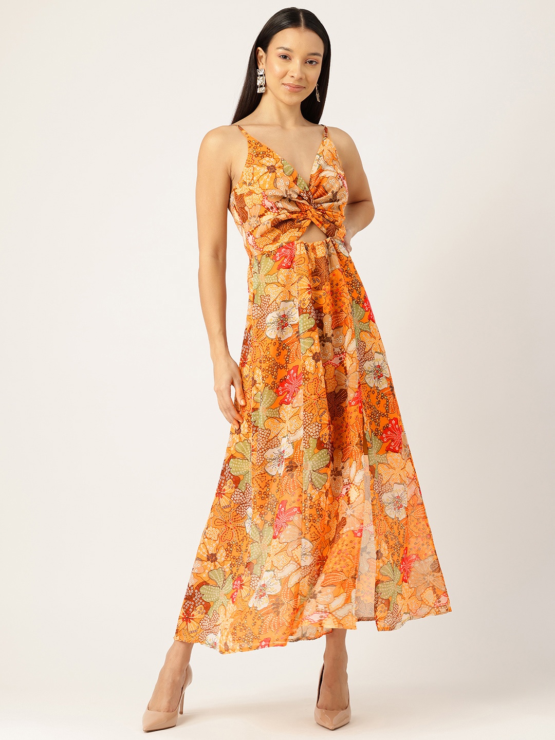 

Sleek Italia Floral Print Georgette Fit & Flare Maxi Dress With Cut-Outs Detail, Mustard