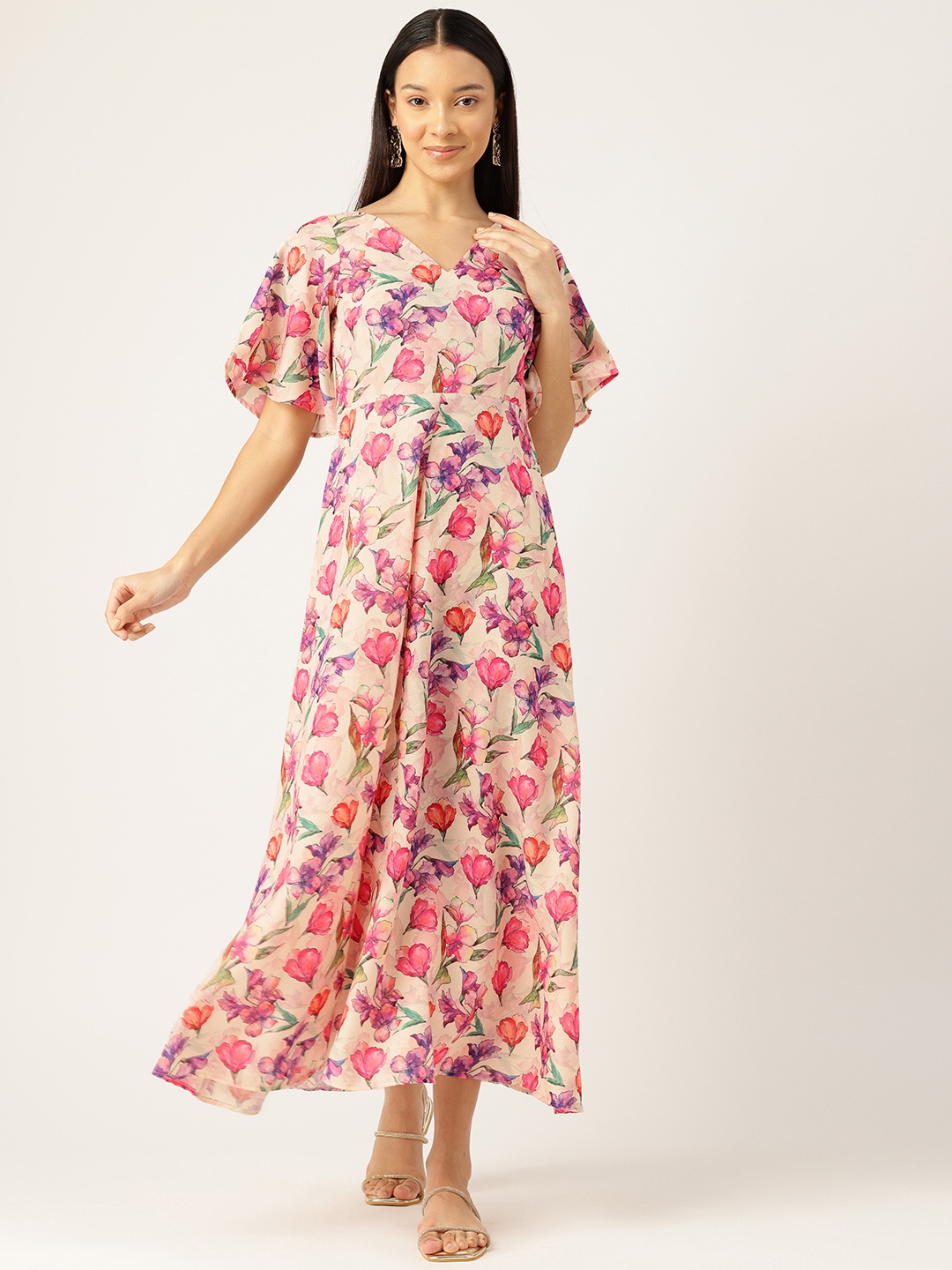

Sleek Italia Floral Print Flared Sleeves Linen Fit & Flare Maxi Dress, Pink