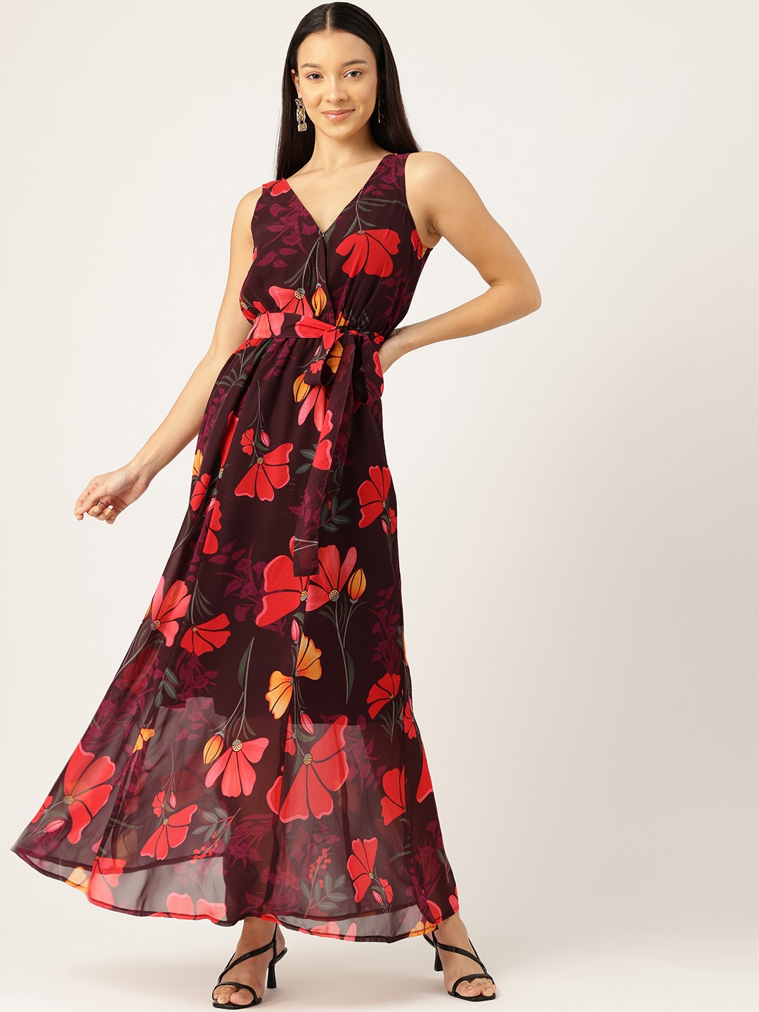 

Sleek Italia Floral Print Georgette Wrap Maxi Dress, Maroon