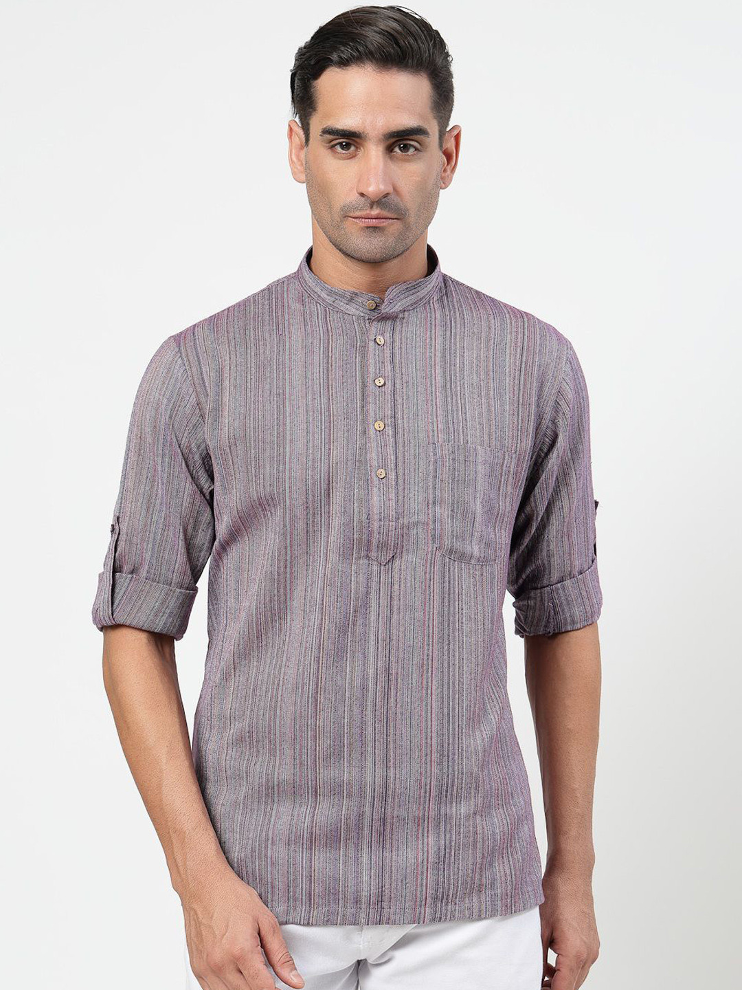 

MOHANLAL SONS Striped Band Collar Roll-Up Sleeves Pure Cotton Straight Short Kurta, Purple