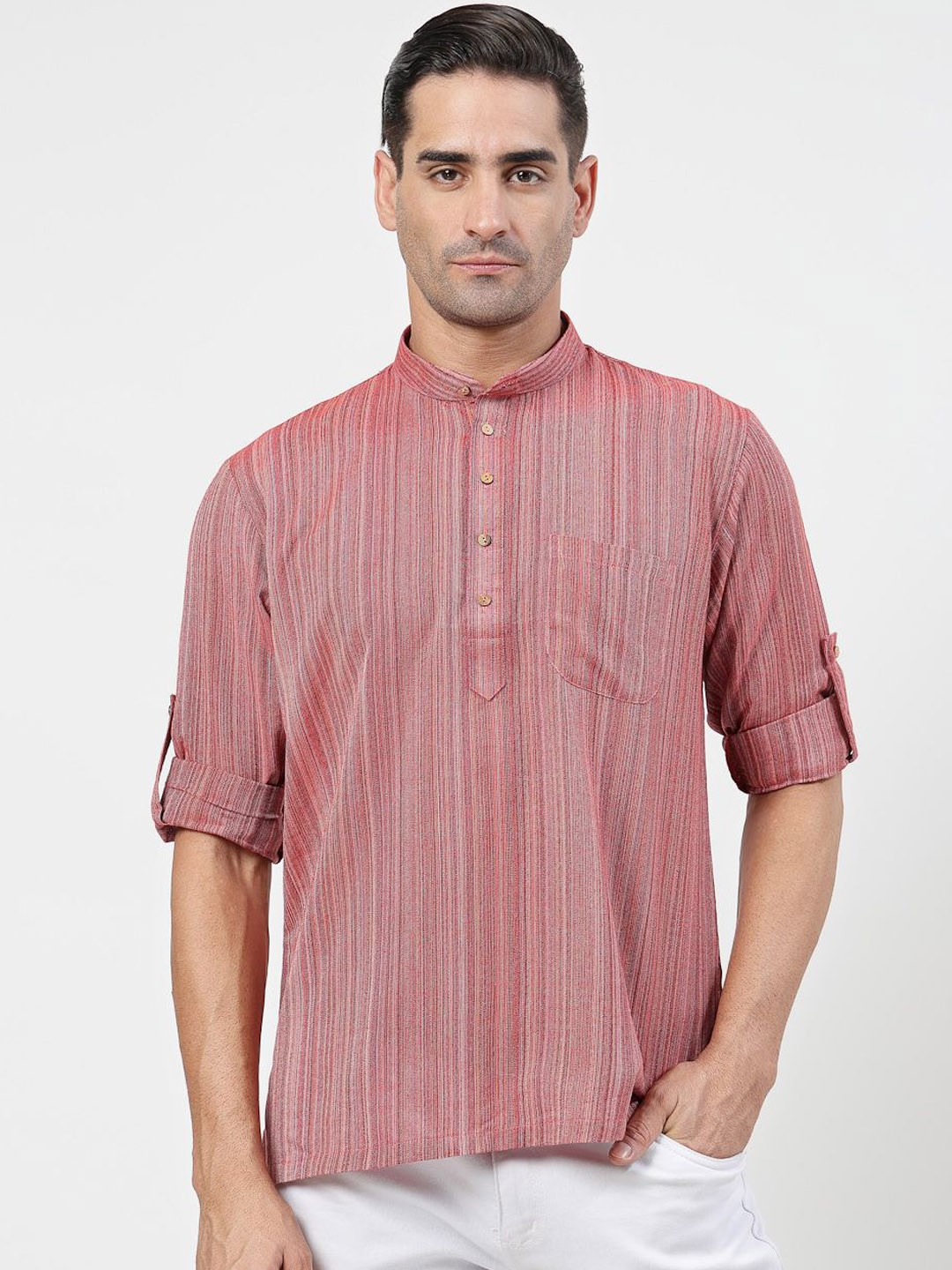 

MOHANLAL SONS Striped Band Collar Roll-Up Sleeves Pure Cotton Straight Short Kurta, Maroon