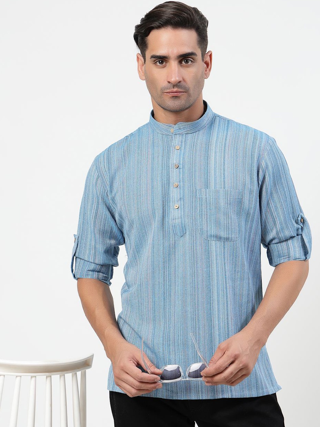 

MOHANLAL SONS Striped Band Collar Roll-Up Sleeves Pure Cotton Straight Short Kurta, Blue