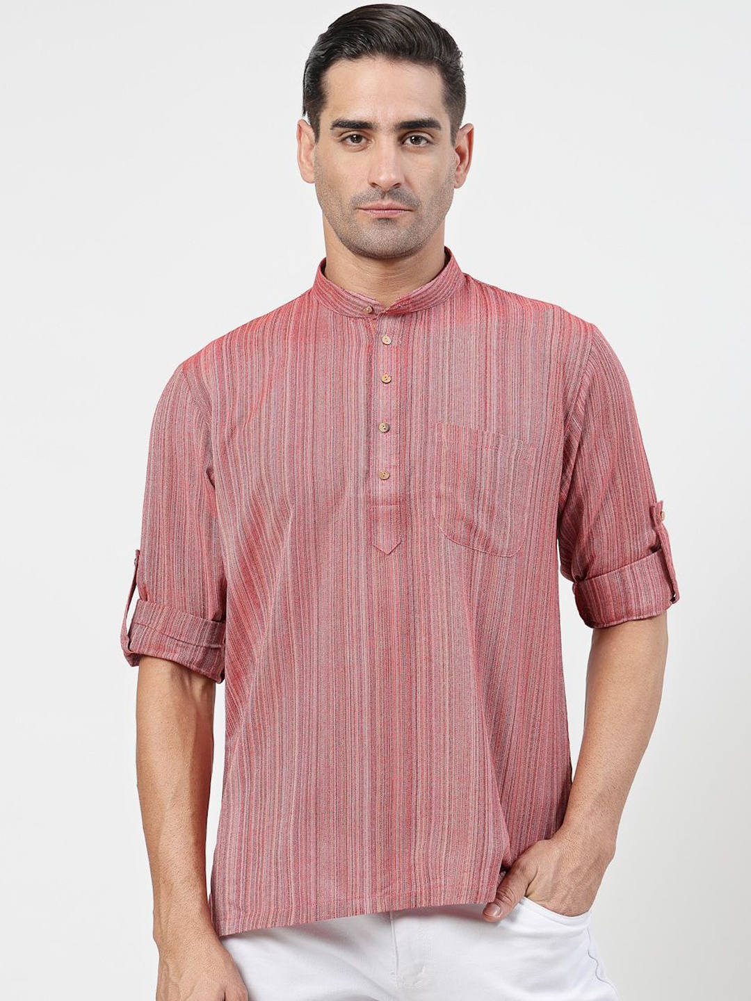 

MOHANLAL SONS Striped Band Collar Roll-Up Sleeves Pure Cotton Straight Short Kurta, Maroon