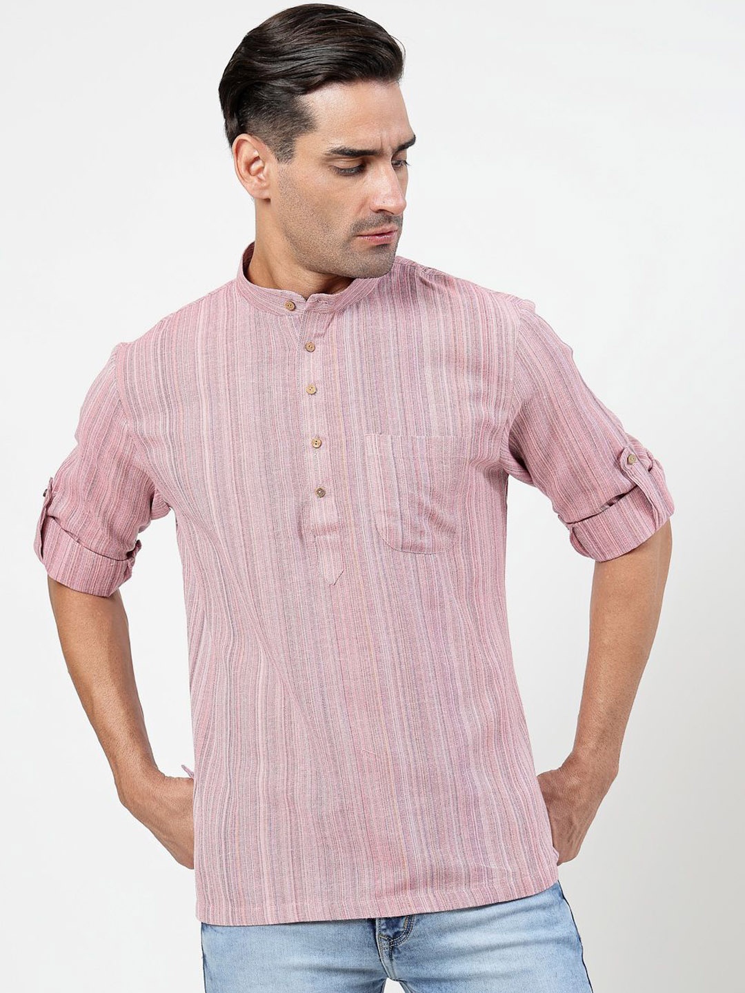 

MOHANLAL SONS Striped Band Collar Roll-Up Sleeves Pure Cotton Straight Short Kurta, Pink