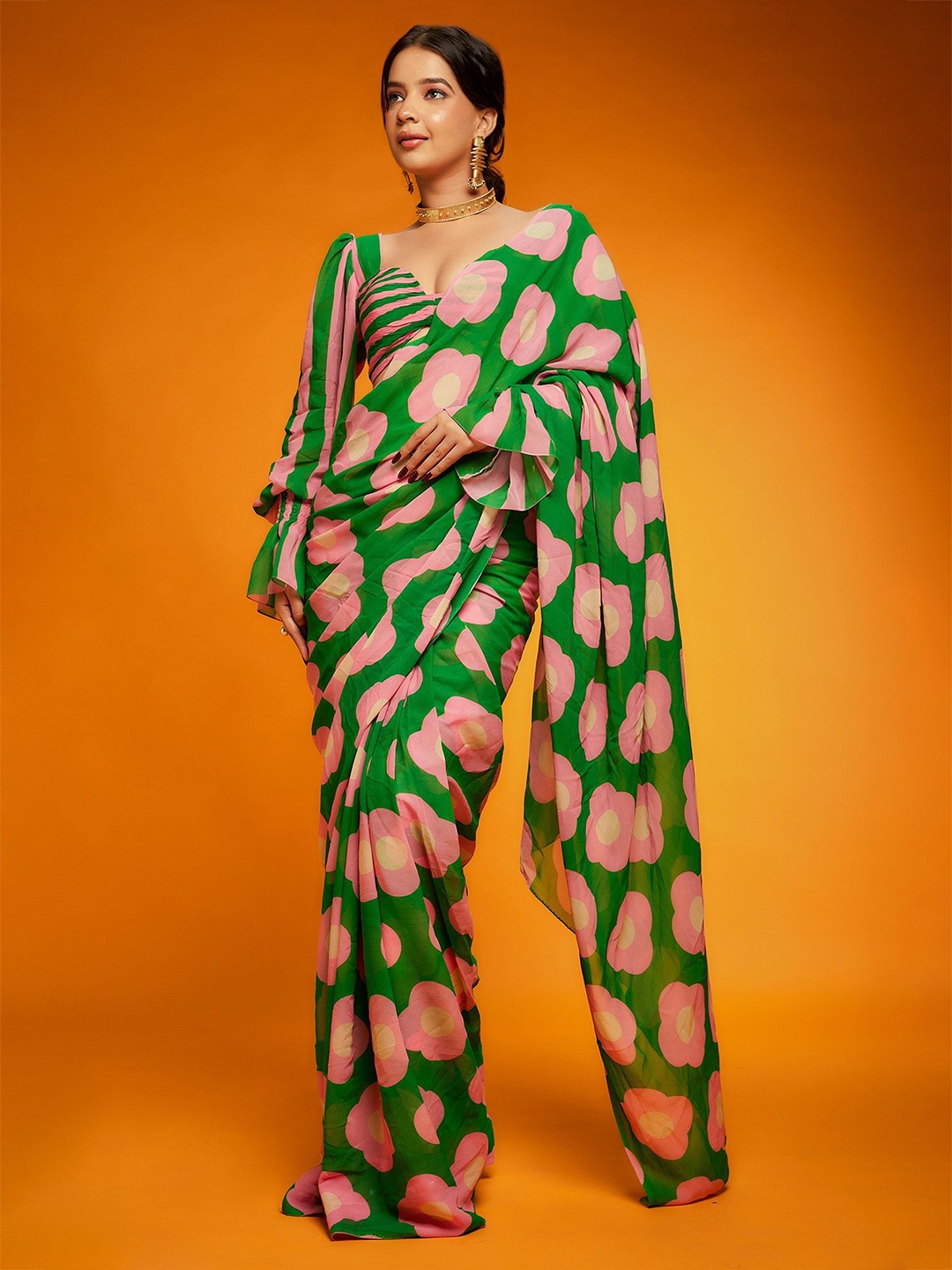 

Mitera Floral Satin Saree, Green