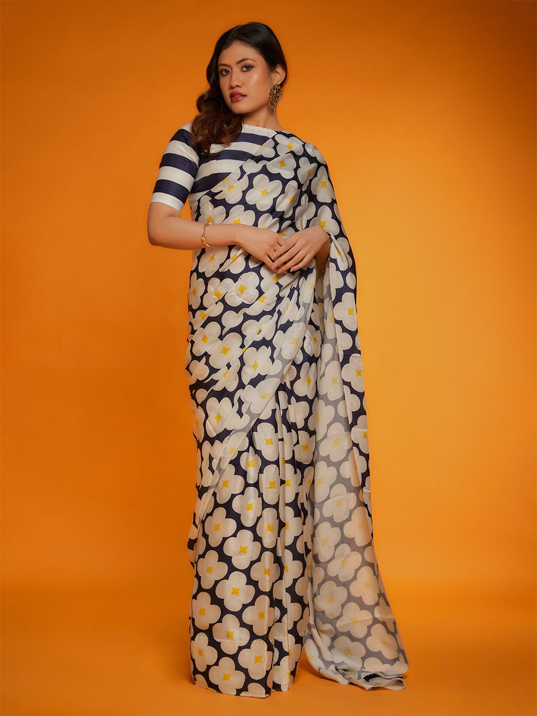 

Mitera Floral Satin Saree, Off white