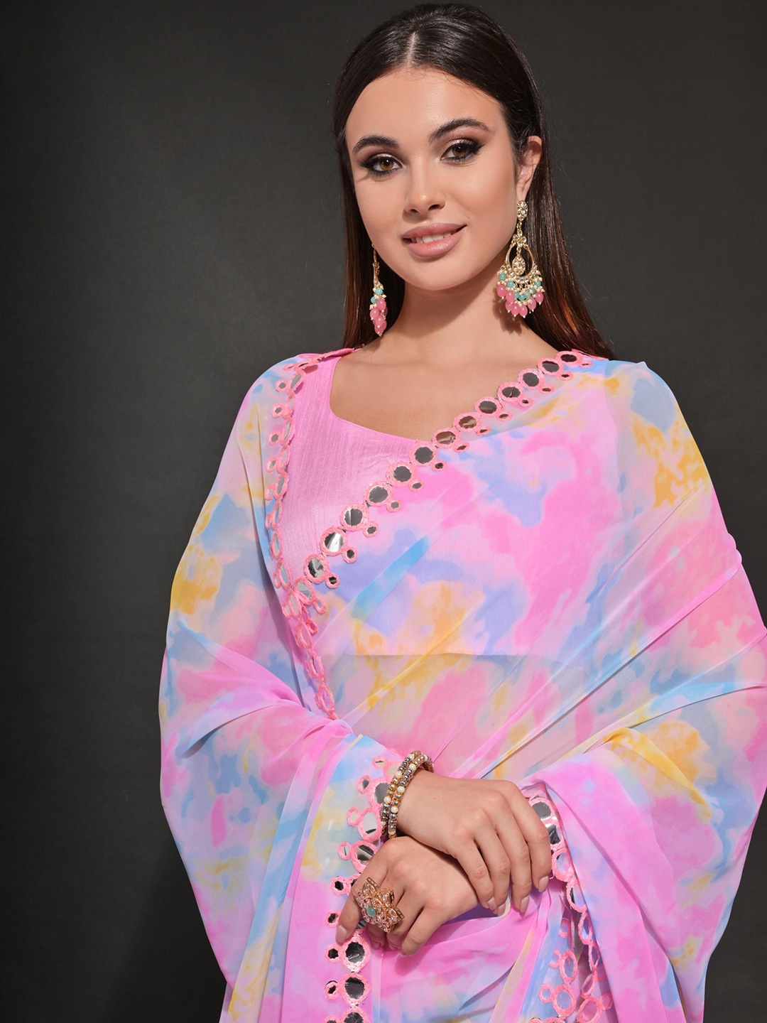 

Mitera Tie and Dye Satin Saree, Pink
