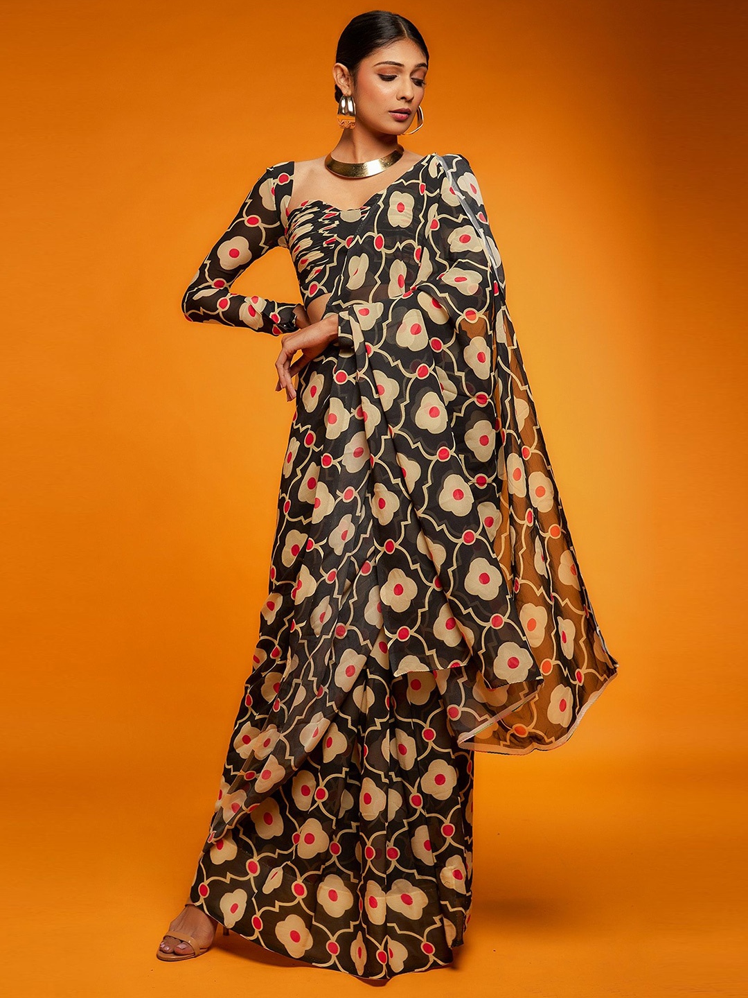 

Mitera Floral Satin Saree, Black