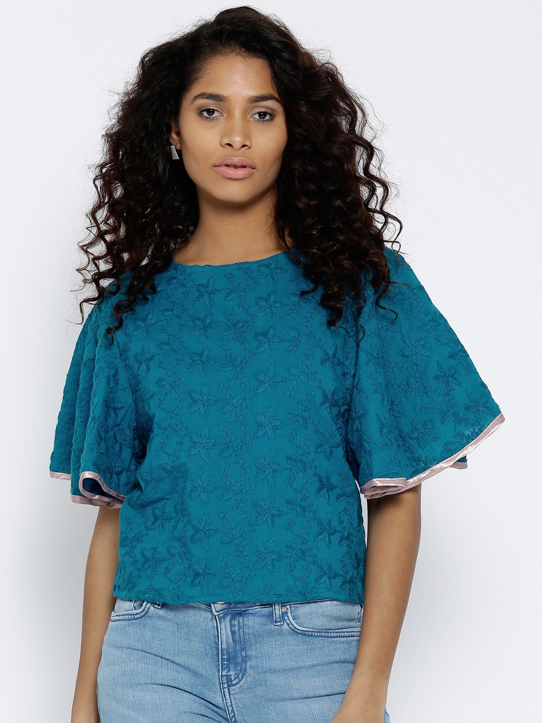 

Style Quotient Women Teal Blue Self Design Pure Cotton Top