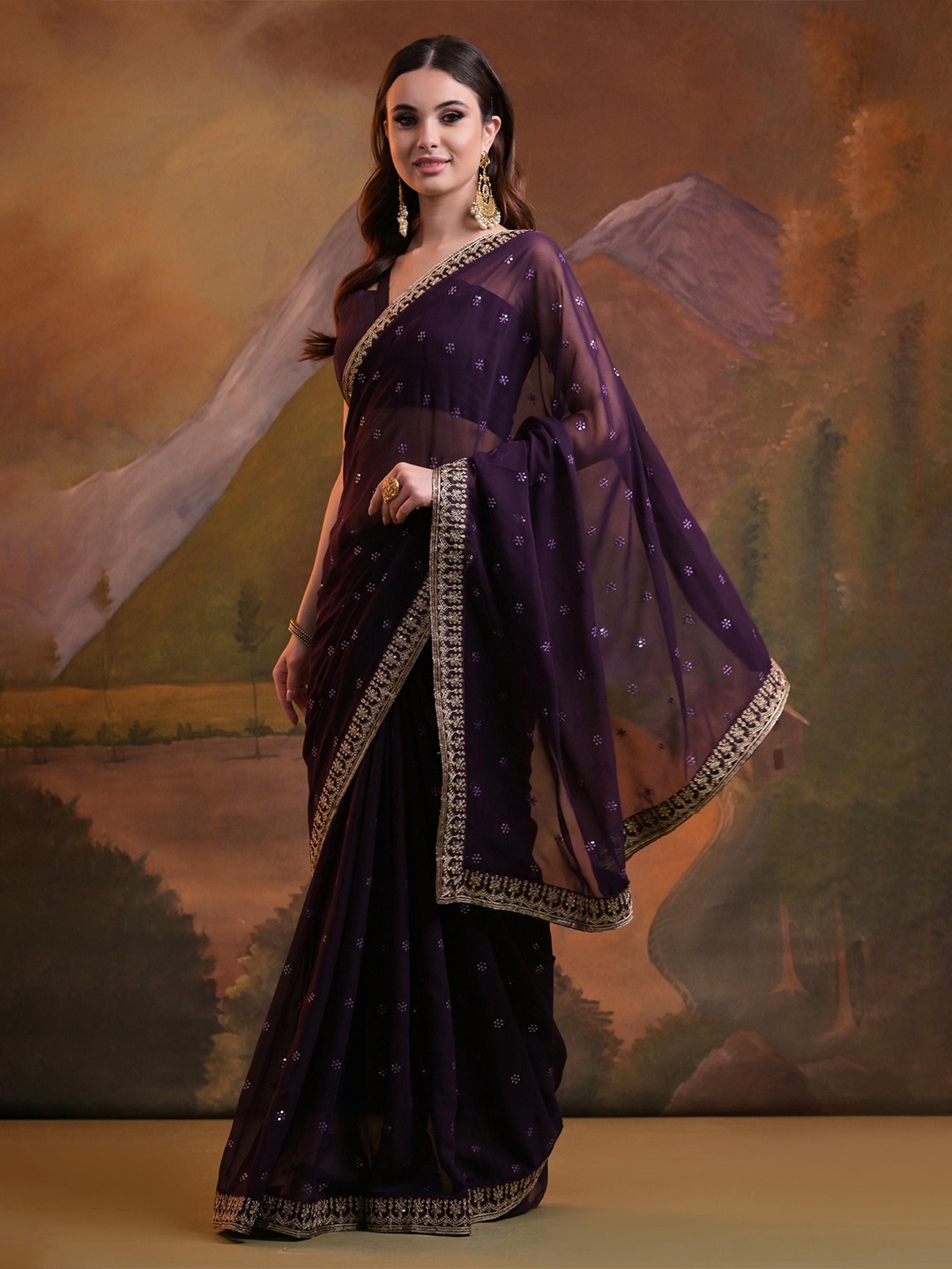 

Mitera Embellished Sequinned Pure Georgette Saree, Purple