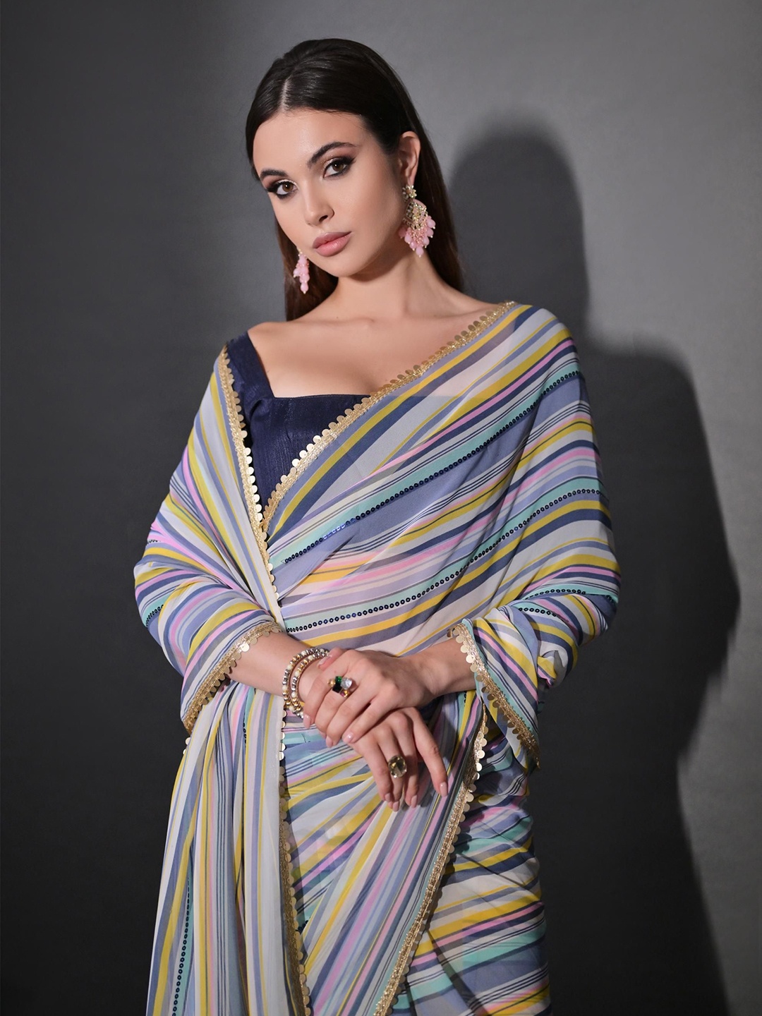 

Mitera Striped Sequinned Pure Georgette Saree, Blue
