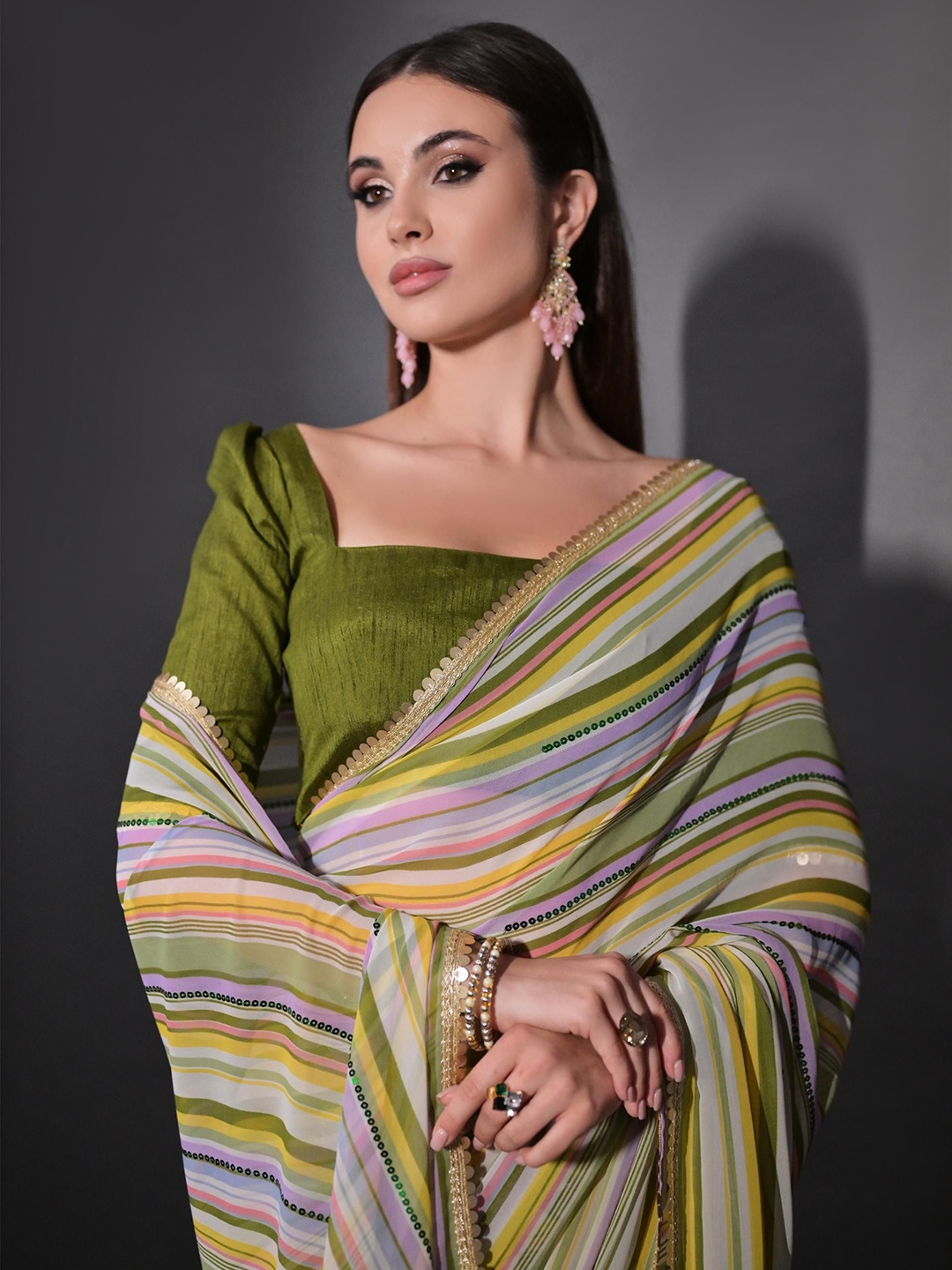 

Mitera Striped Sequinned Pure Georgette Saree, Green