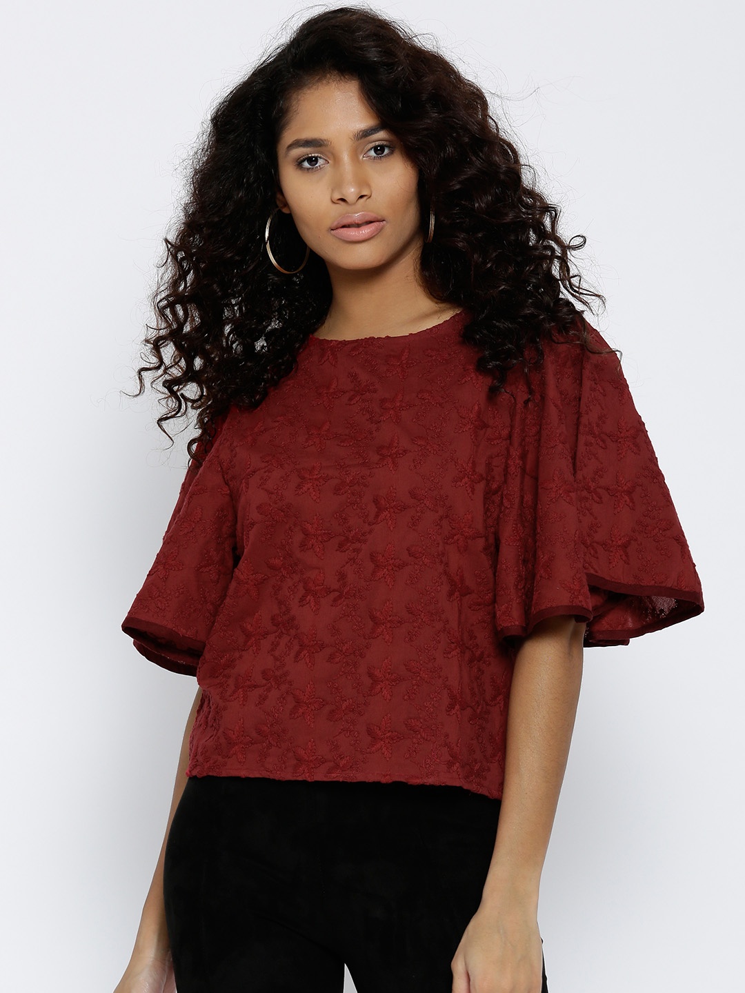 

Style Quotient Women Burgundy Self Design Top