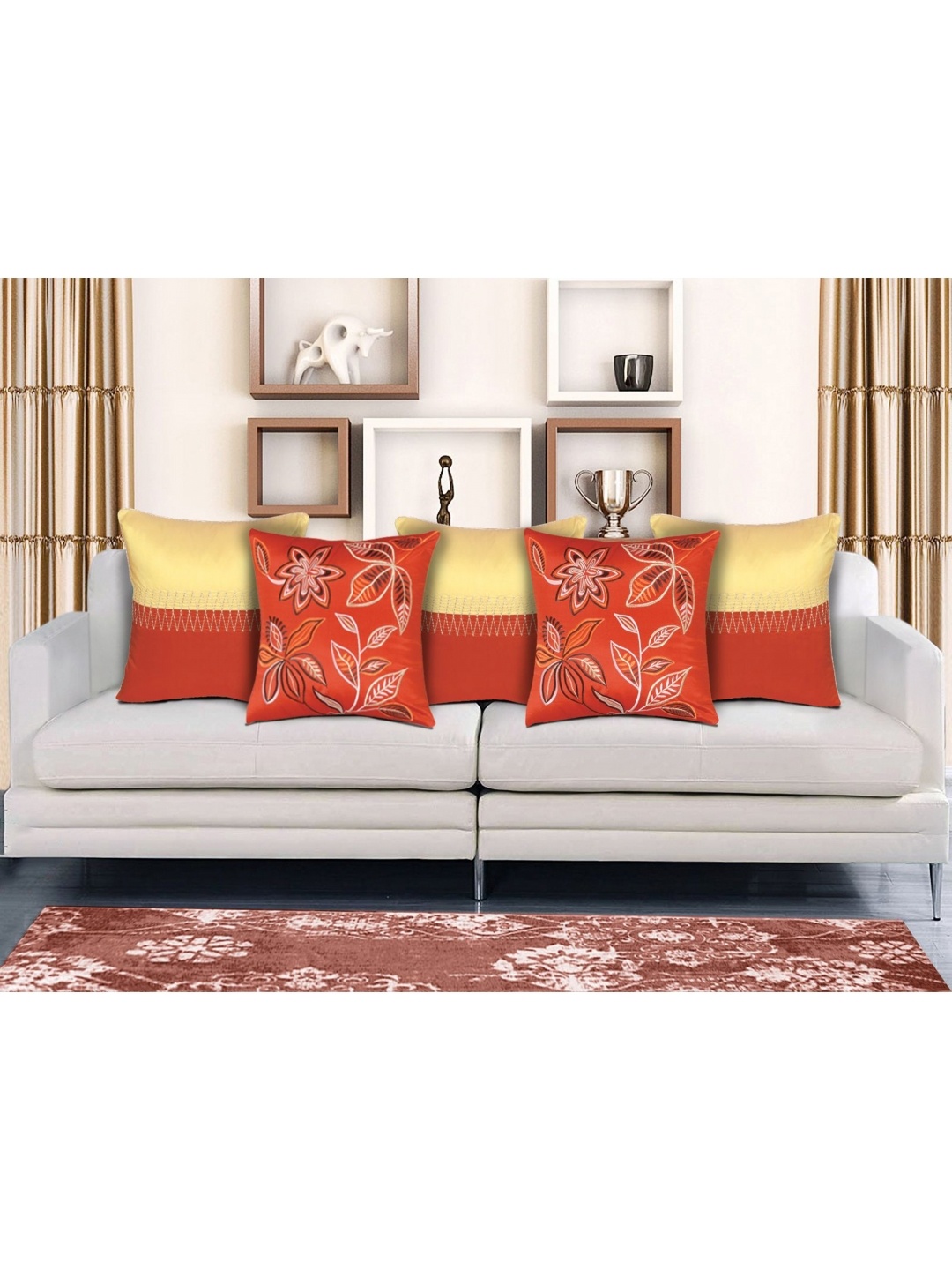 

HOME9INE Orange & Cream Coloured 5 Pieces Colourblocked Embroidered Square Cushion Covers