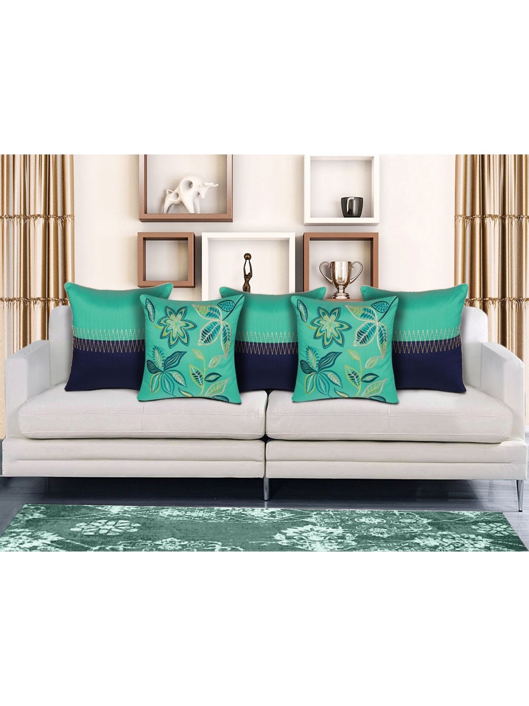 

HOME9INE Green & Navy Blue 5 Pieces Colourblocked Embroidered Square Cushion Covers