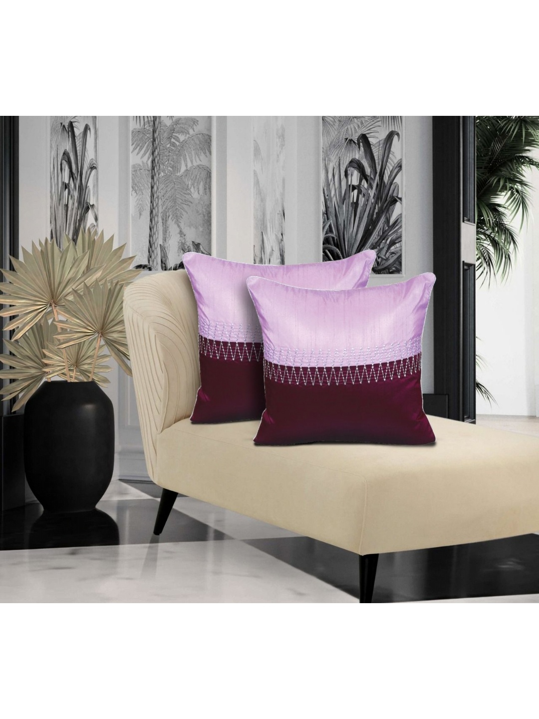 

HOME9INE Purple & Violet 2 Pieces Colourblocked Embroidered Square Cushion Covers