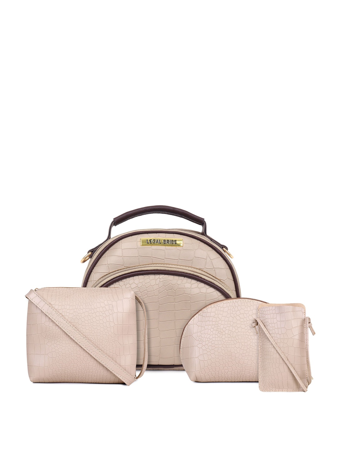 

LEGAL BRIBE Women Set Of 4 Textured PU Structured Handheld Bag with Tasselled, Beige