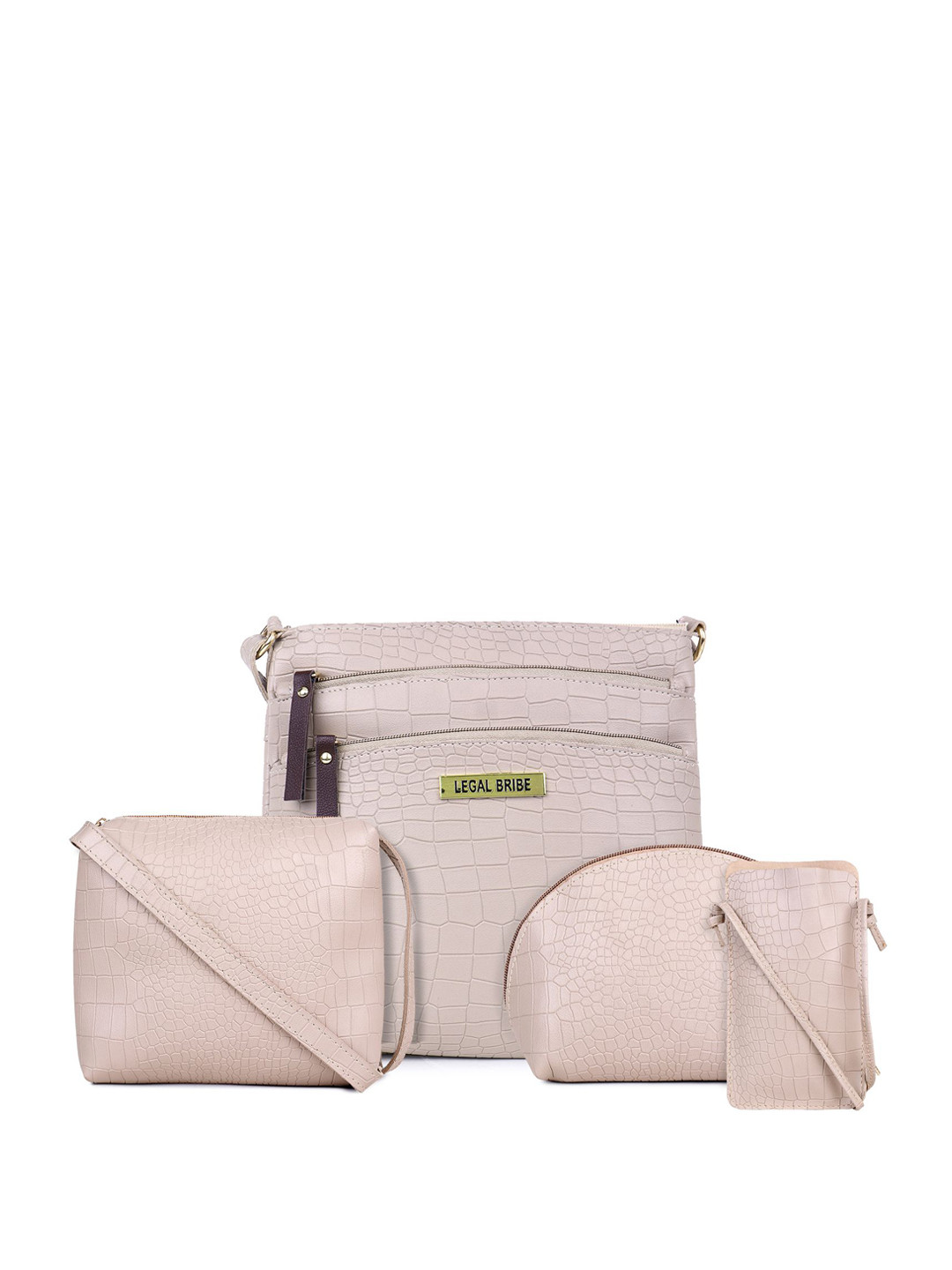 

LEGAL BRIBE Women Set Of 4 Textured PU Structured Satchel, Beige