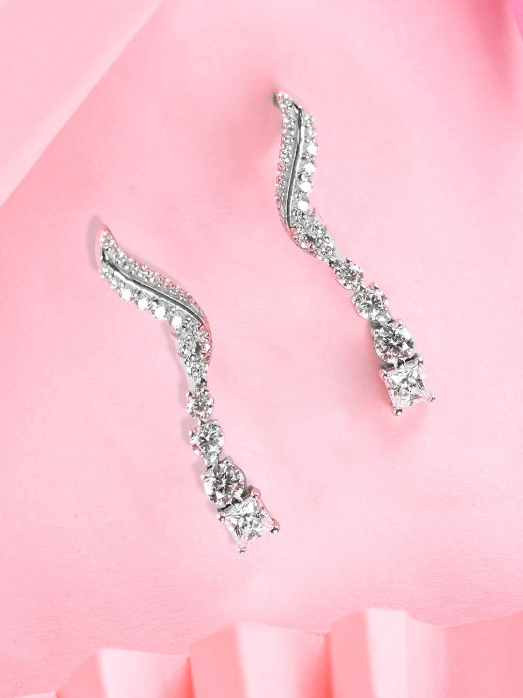 

Clara 925 Sterling Silver Rhodium-Plated CZ Stone Studded Contemporary Drop Earrings