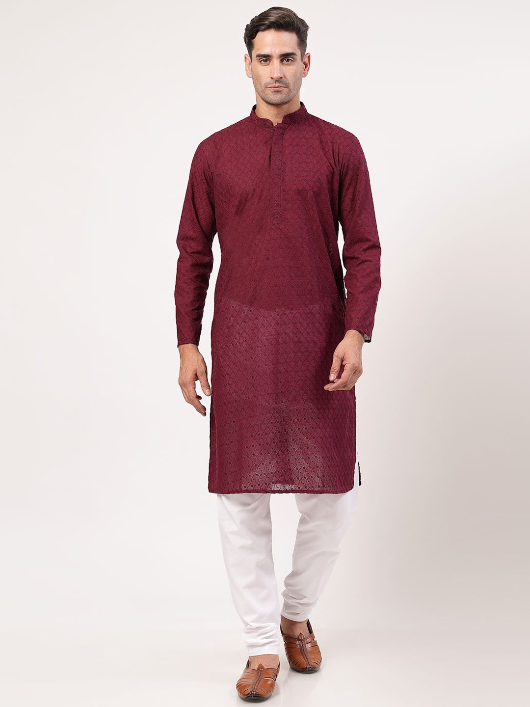 

MOHANLAL SONS Embroidered Mandarin Collar Chikankari Pure Cotton Straight Kurta & Churidar, Maroon