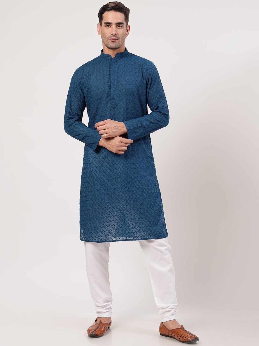 

MOHANLAL SONS Embroidered Mandarin Collar Chikankari Pure Cotton Straight Kurta & Churidar, Teal