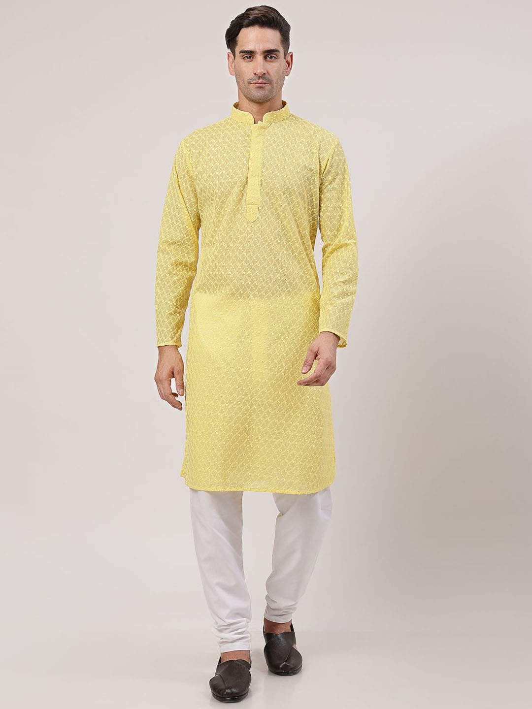 

MOHANLAL SONS Embroidered Mandarin Collar Chikankari Pure Cotton Straight Kurta & Churidar, Yellow