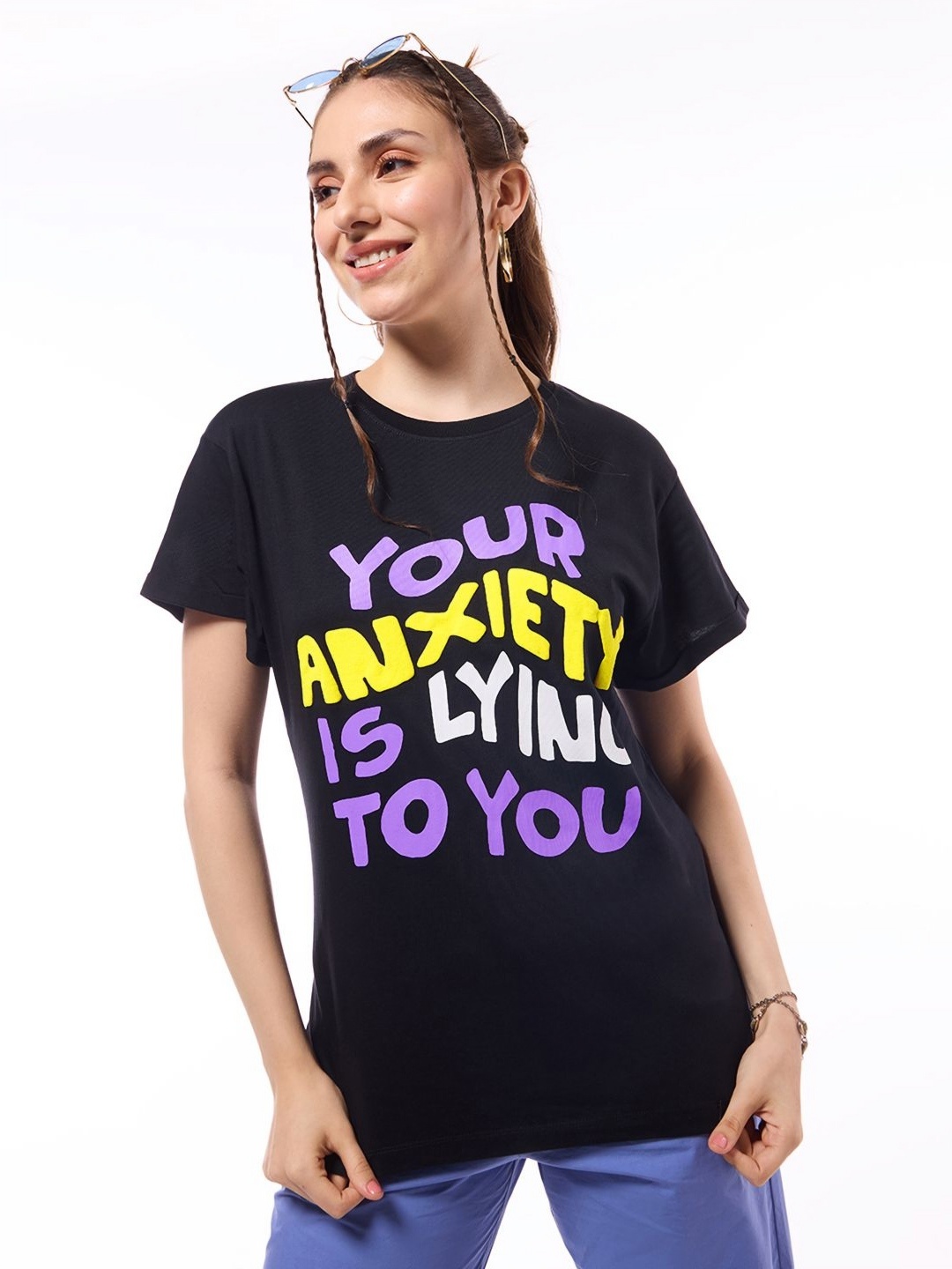 

Bewakoof Women Typography Printed Cotton Relaxed Fit T-shirt, Black