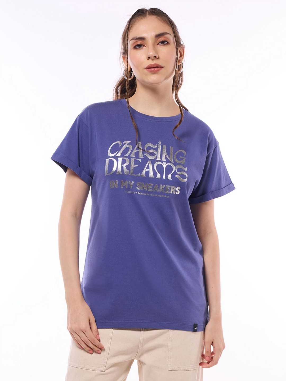 

Bewakoof Women Chasing Dreams Graphic Printed Boyfriend T Shirt, Blue