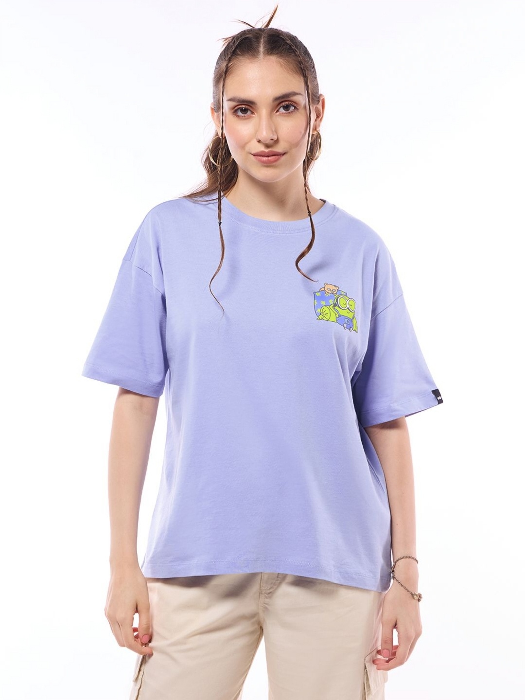 

Bewakoof Women Graphic Minions Printed Cotton Oversized T-shirt, Purple
