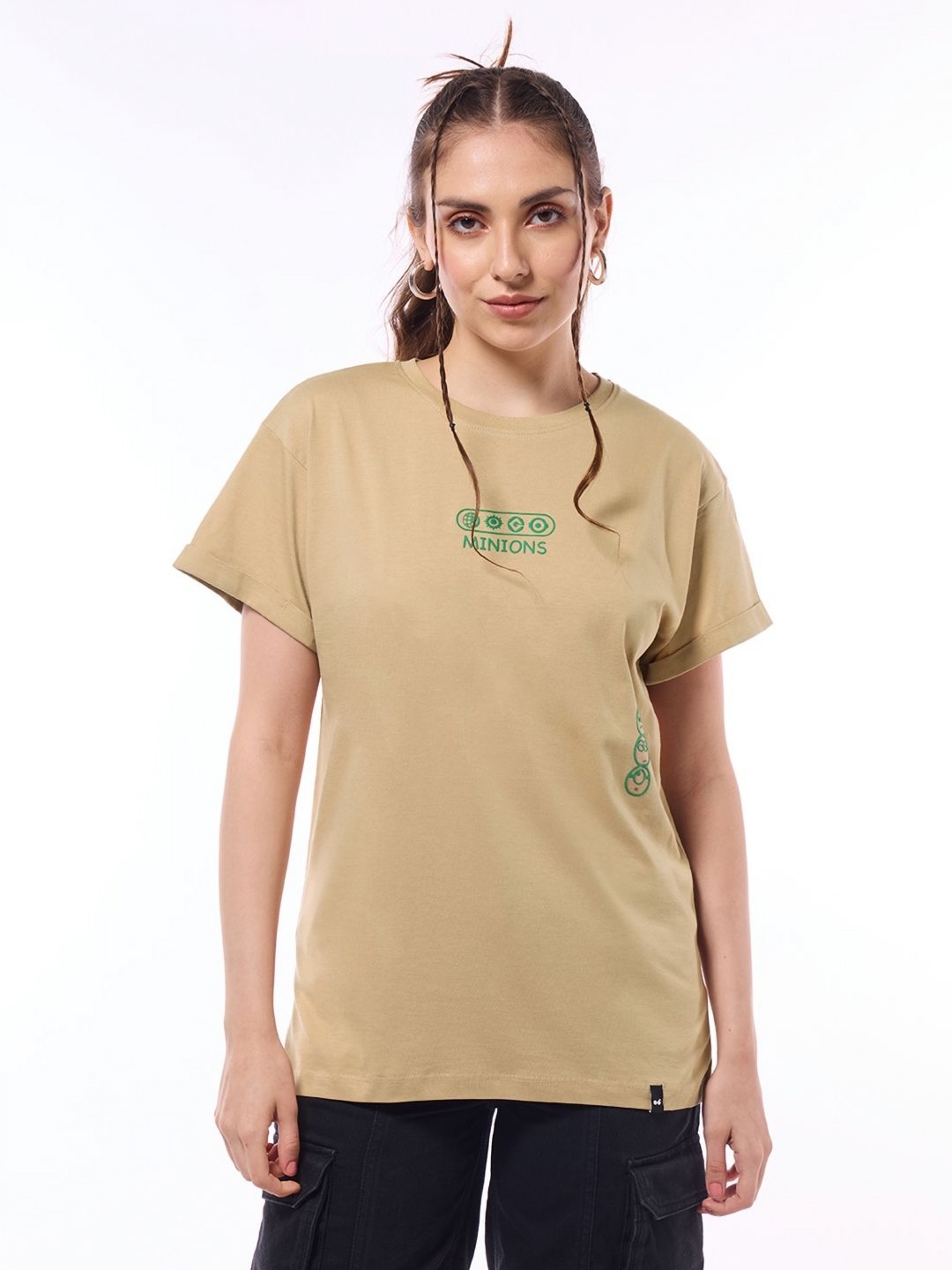 

Bewakoof Women Graphic Minions Printed Cotton Relaxed Fit T-shirt, Brown