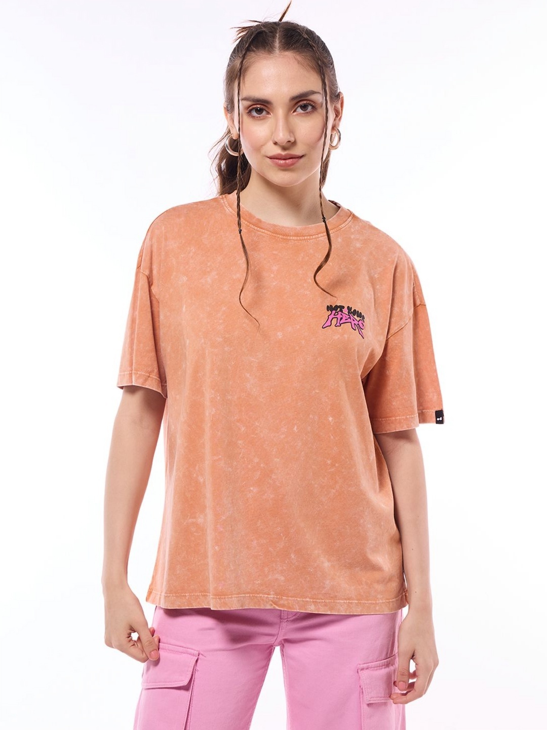 

Bewakoof Women Graphic Minions Printed Round Neck Cotton Oversized T-shirt, Orange