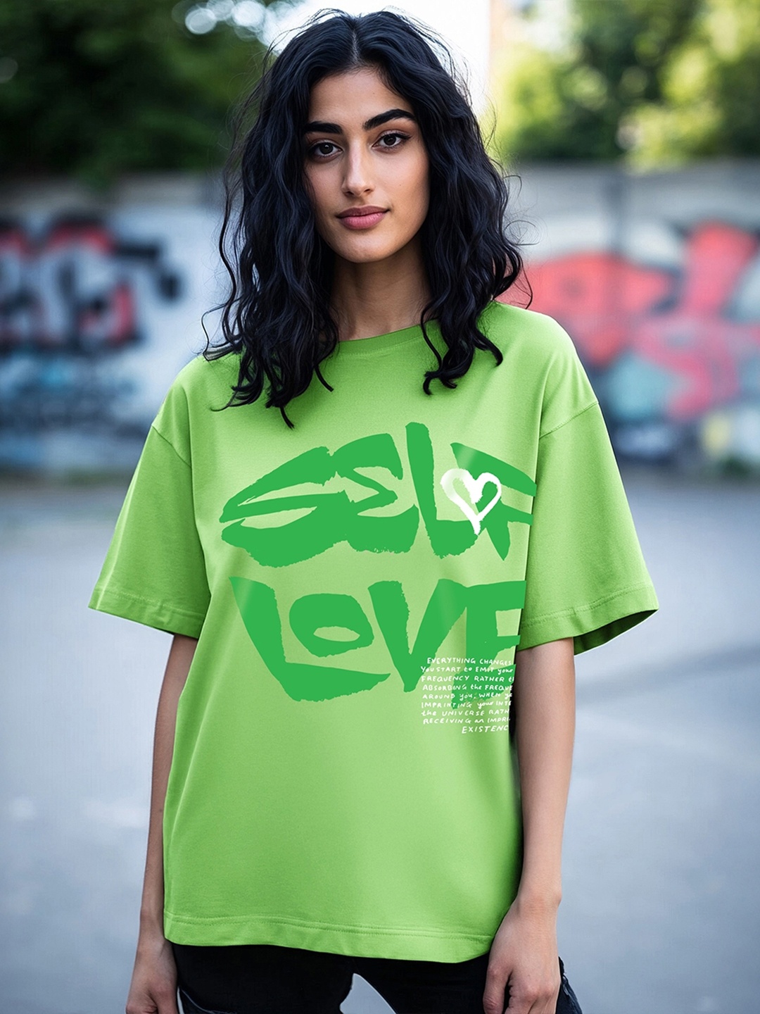 

Bewakoof Women Typography Printed Cotton Oversized T-shirt, Green