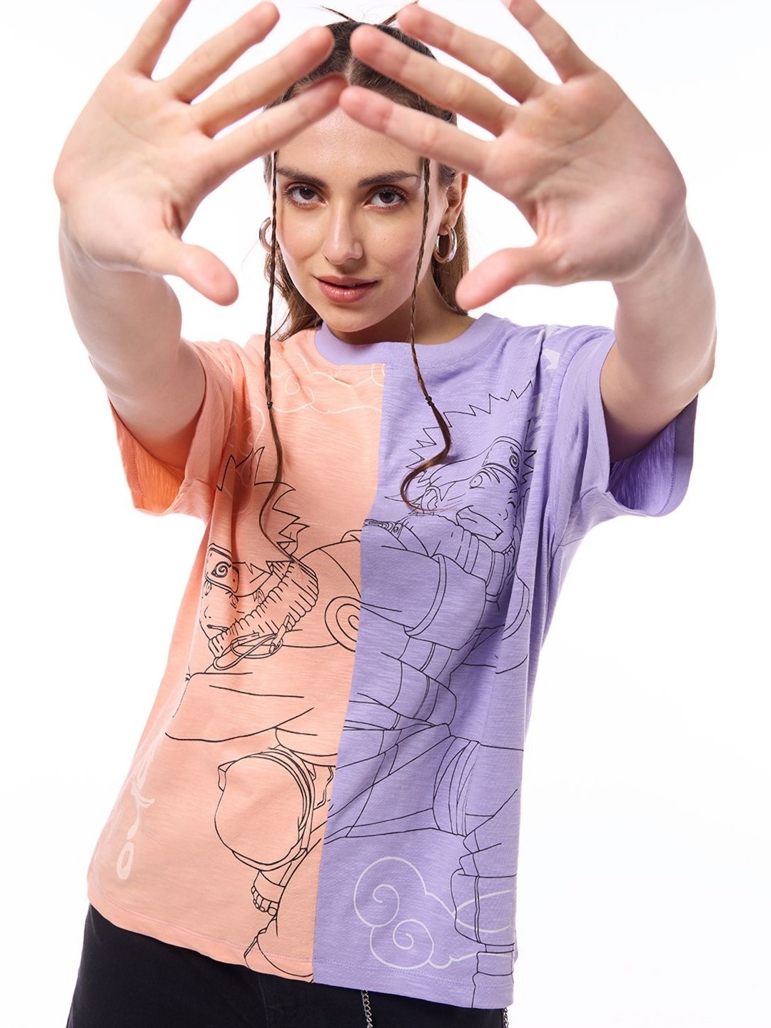 

Bewakoof Air 1.0 Women Orange & Purple Naruto Color Block Oversized T-shirt