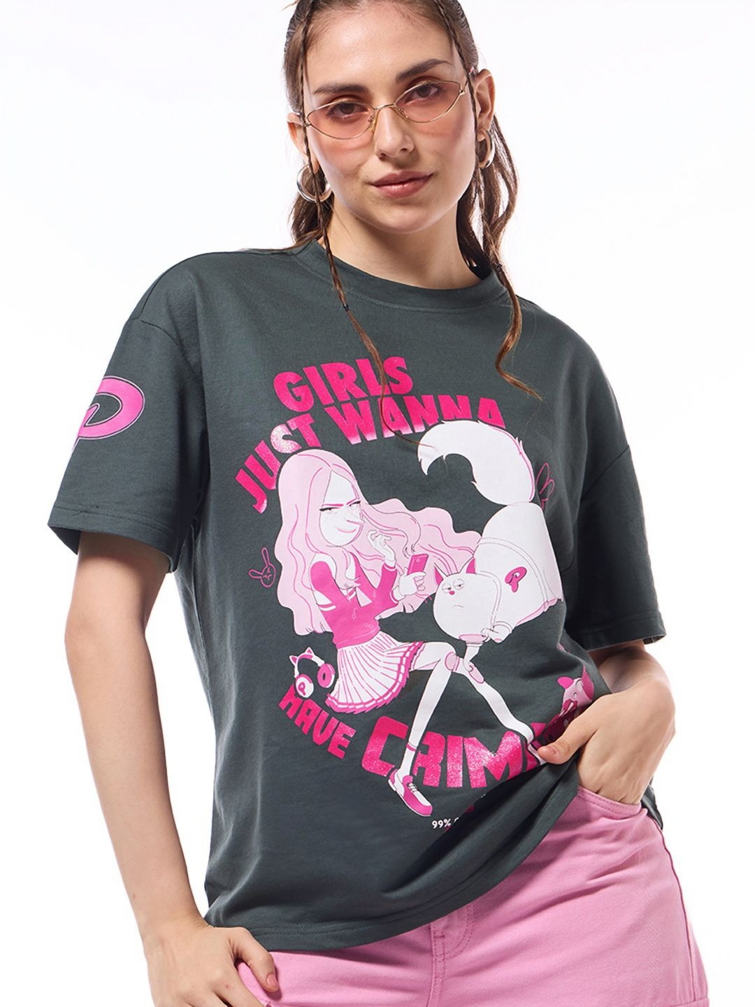 

Bewakoof Heavy Duty 1.0 Women Grey Girls Wanna Have Crime Graphic Printed Oversized T-shirt