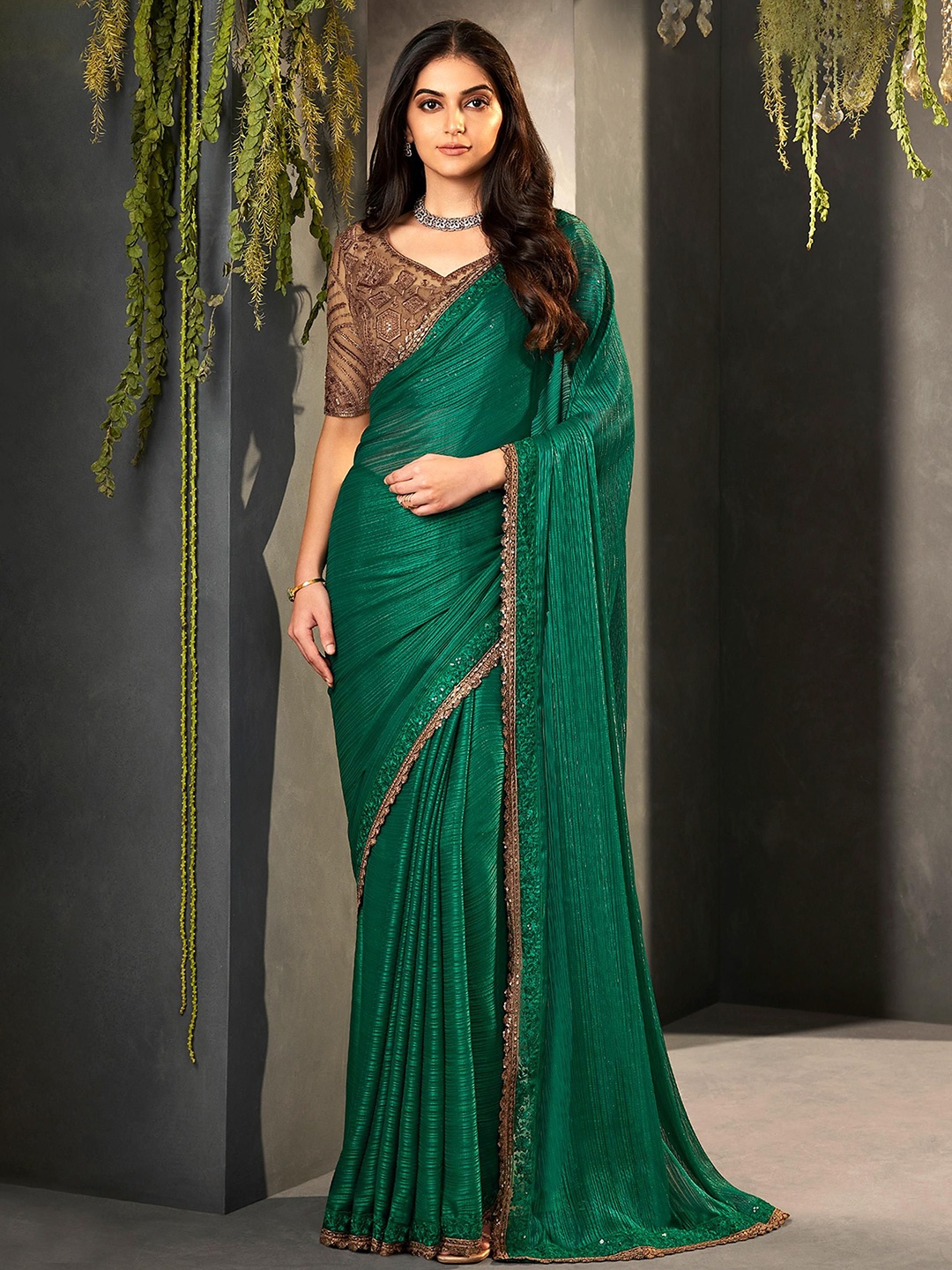 

ALAGINI Ethnic Motifs Sequinned Pure Chiffon Kasavu Saree, Teal
