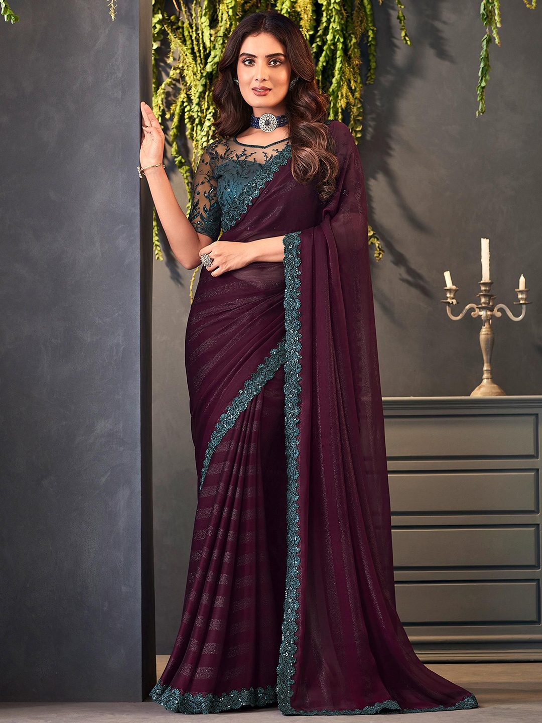 

ALAGINI Striped Sequinned Pure Chiffon Kasavu Saree, Purple