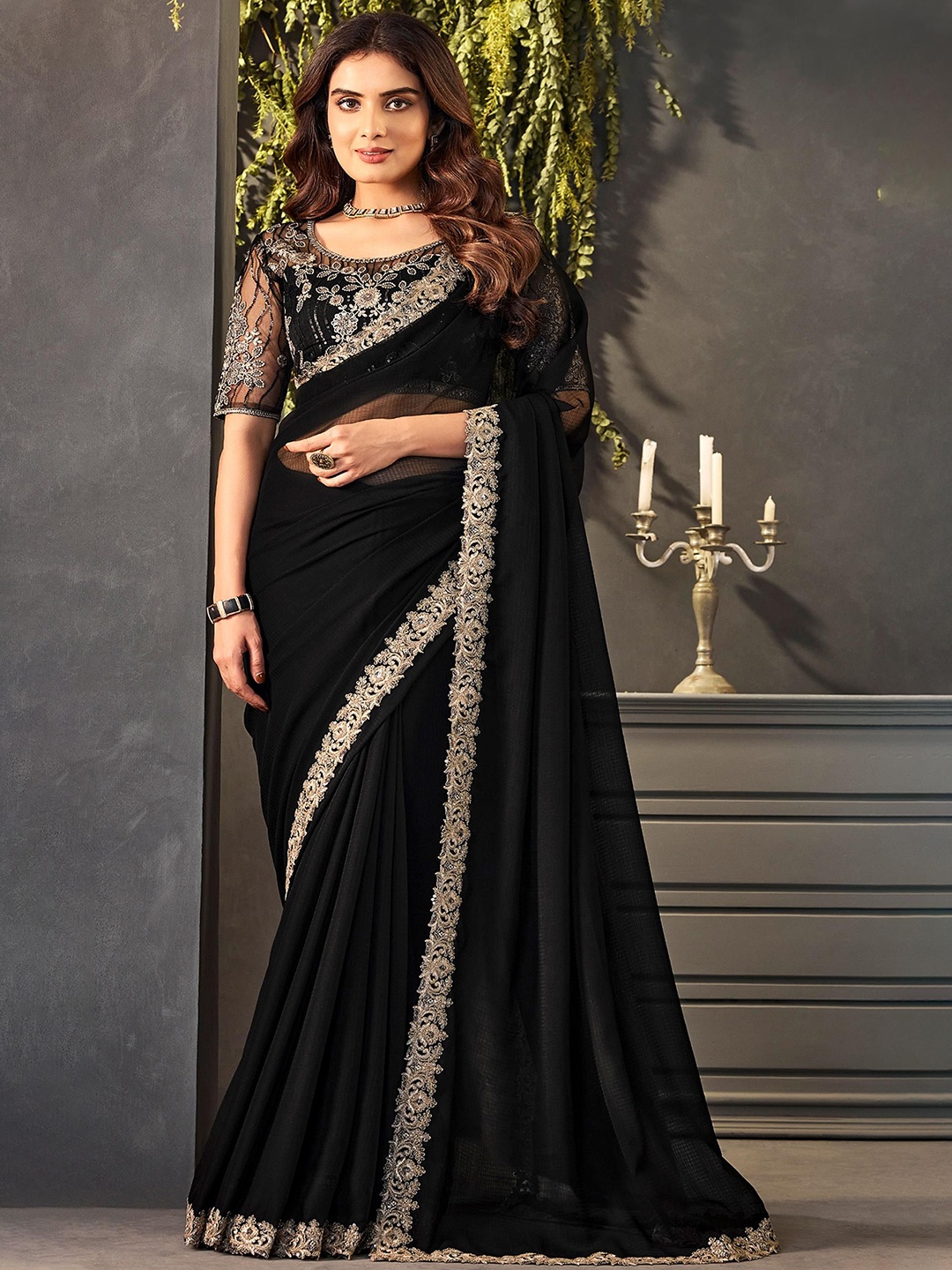 

ALAGINI Embroidered Pure Chiffon Kasavu Saree, Black