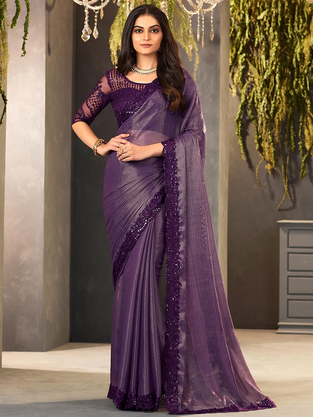 

ALAGINI Sequinned Pure Chiffon Saree, Purple