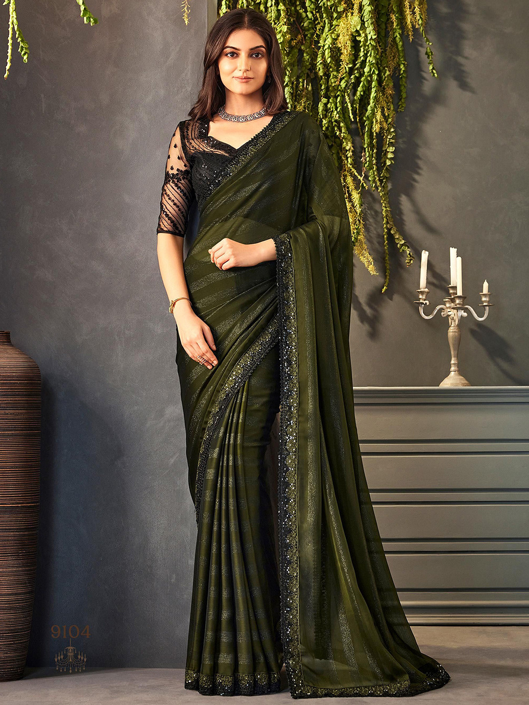 

ALAGINI Striped Sequinned Pure Chiffon Kasavu Saree, Green