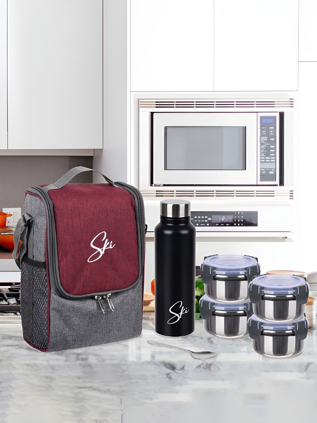 

Kuber Industries Maroon & Grey 7 Pieces Stainless Steel Lunch Box Set