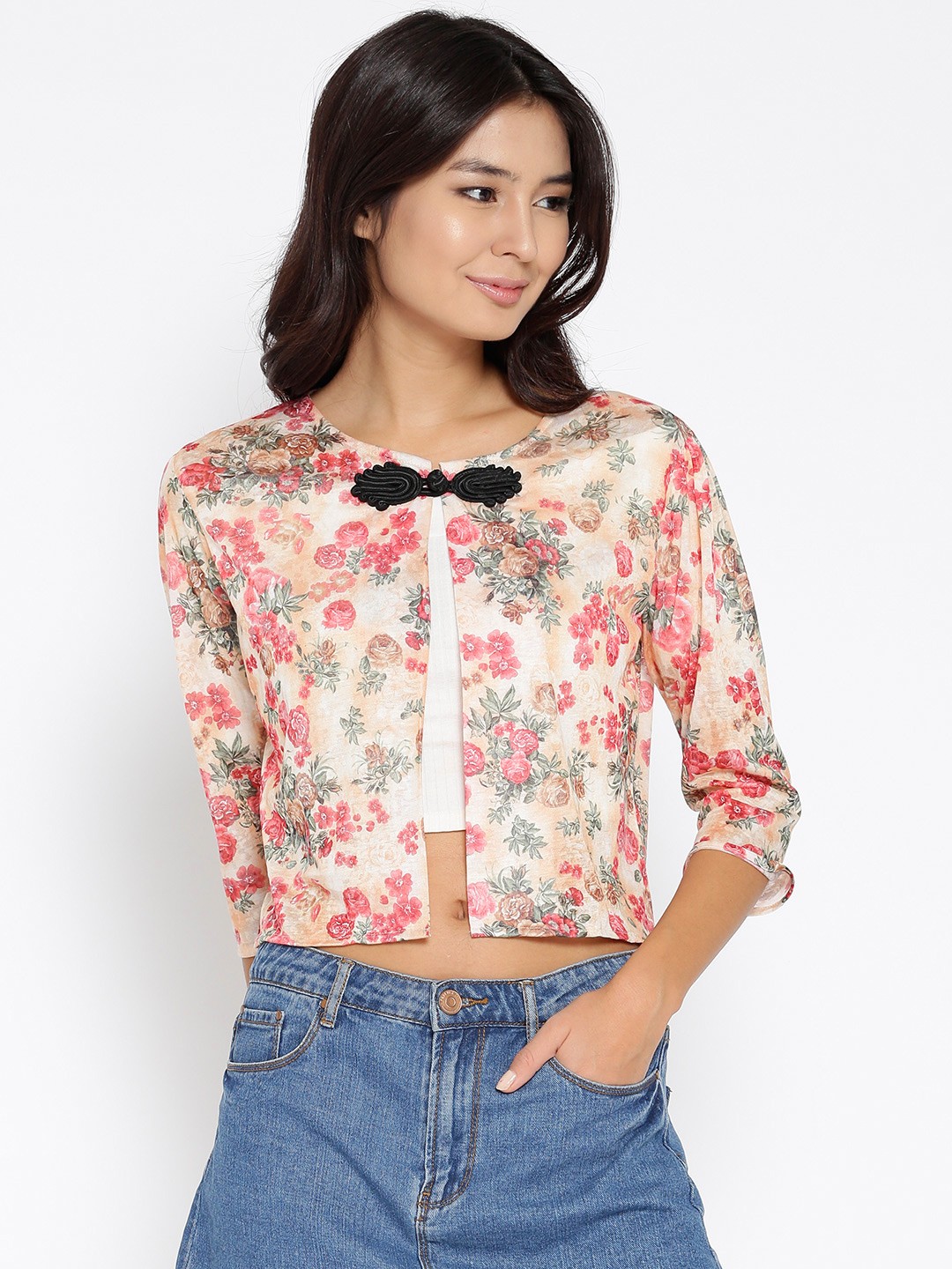

Style Quotient Peach-Coloured & Pink Printed Crop Shrug