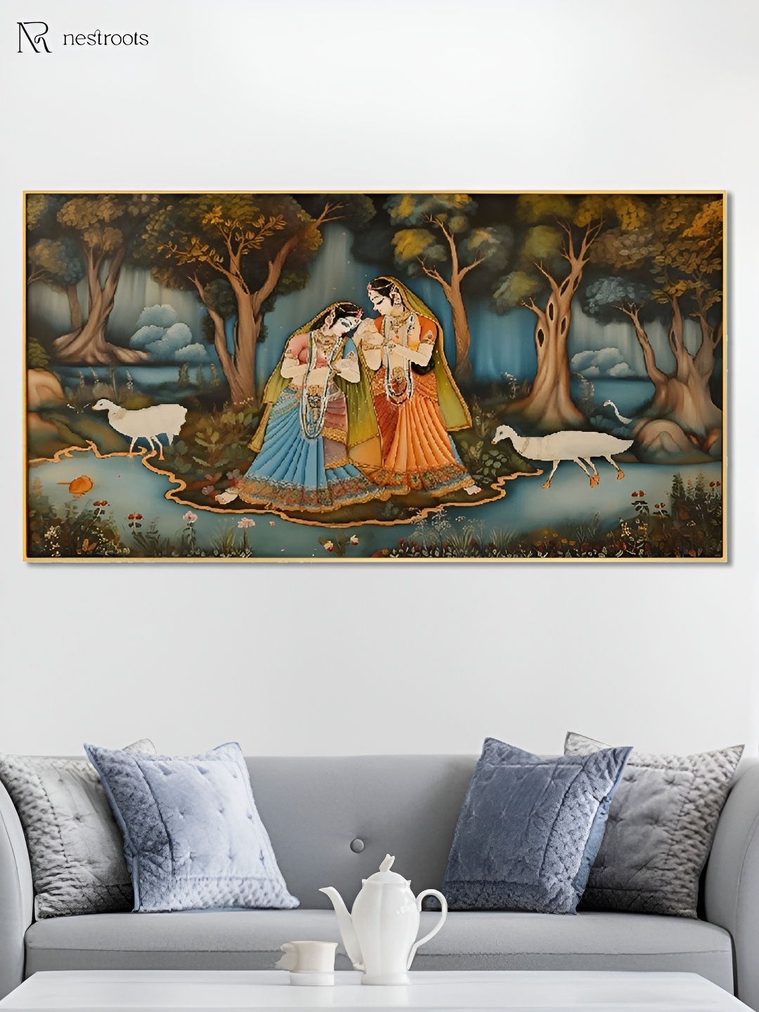 nestroots Blue & Green Radha and Krishna Canvas Framed Painting Wall Art