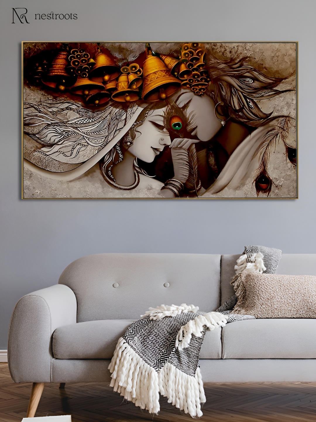 nestroots Brown & Beige Radha & Krishna Canvas Framed Painting Wall Art