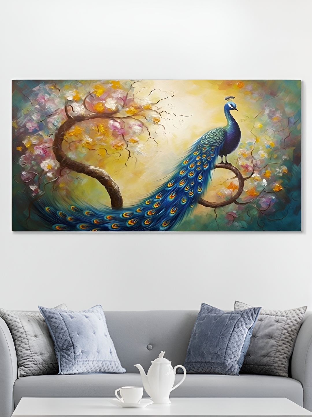 

nestroots Blue & Beige Peacock & Flowered Canvas Wall Art
