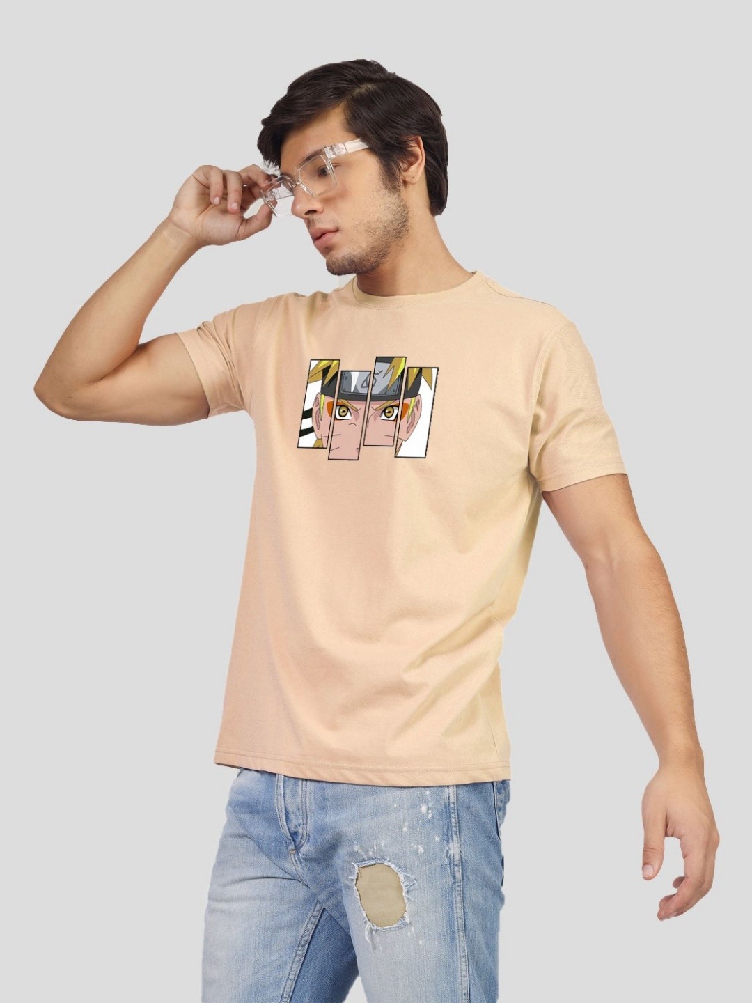 

Greylongg Men Naruto Graphic Printed Round Neck T-shirt, Beige